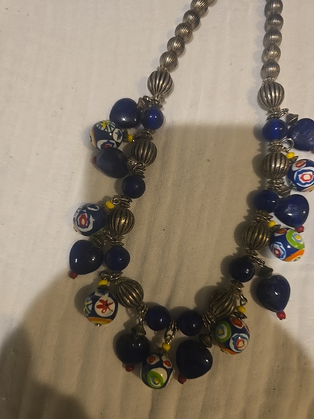 Vintage 80s Boho Necklace BLUE/ SILVER Color + CERAMIC BEADS